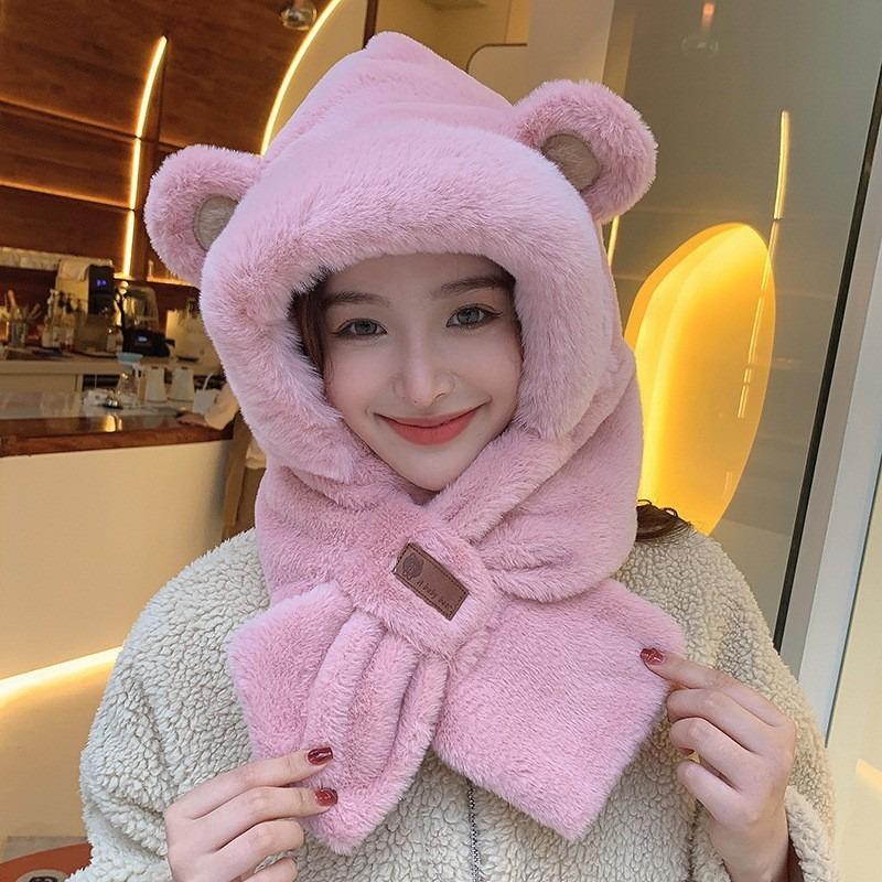 Winter hat, scarf, integrated thickened scarf, cute versatile cycling warm, fleece ear protectors, hooded warm hat