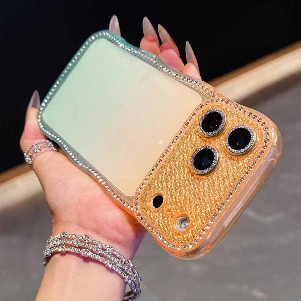 For iPhone 17 Pro Max Case Rhinestone Decor Wave Frame Gradient Design TPU Phone Cover