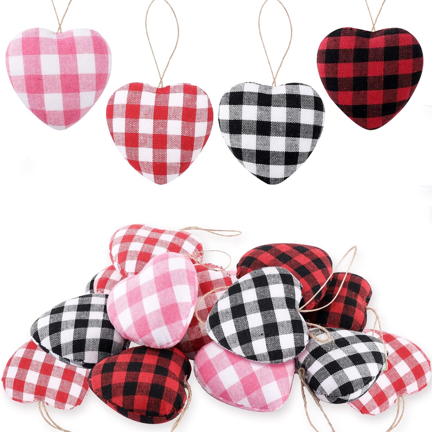 Whaline 24Pcs Valentine s Day Heart Ornaments Buffalo Check Heart Ornament 4 Designs Black Red White Pink Plaid Hanging Decorations for Wedding