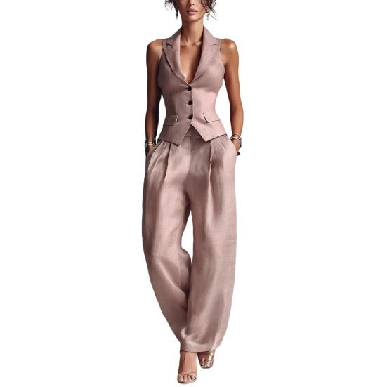 Damen Sommer 2-teilige Business Work Outfits, Ärmellose Hemdweste und Weite Hosen Passendes Set