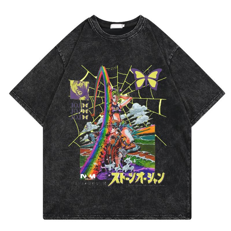 Vintage Washed T Shirt Men Summer Hip Hop Loose Y2k T-shirt JoJo Bizarre Adventure Anime Print Cotton Casual Short Sleeve Tshirt