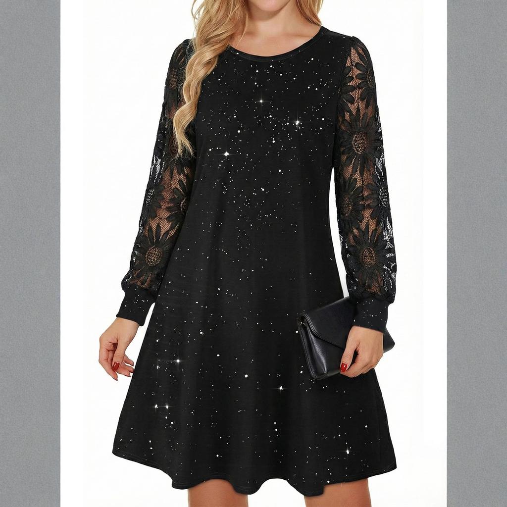 Ladies' Round Neck Lace Patchwork Long Sleeved Slim Fit Dress