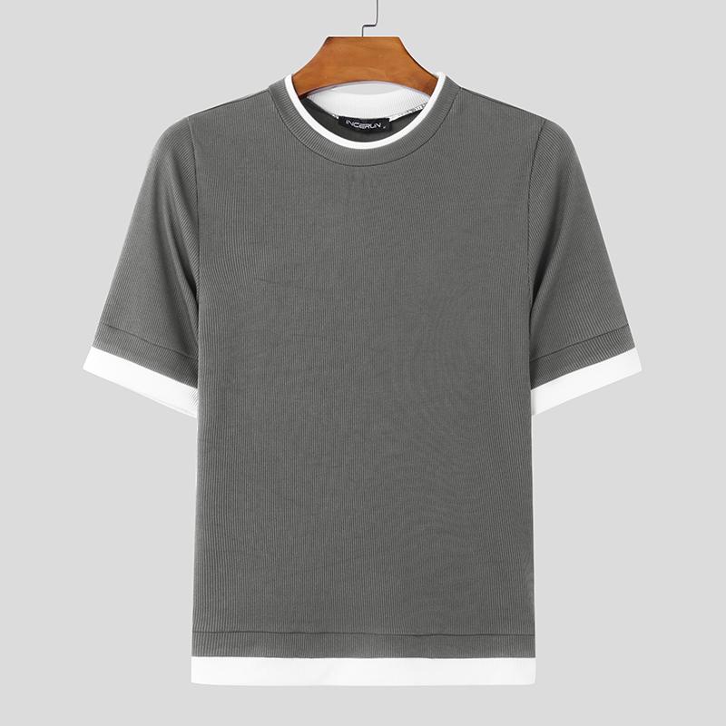 INCERUN Summer Men O Neck Short Sleeve Stitching Rib Skinny Tops T-shirts