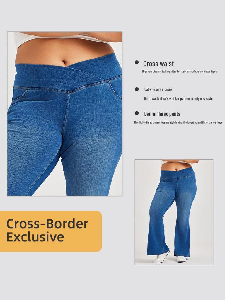 Women's Plus Size Cross-Waist Wide-Leg Jeans with Frayed Edges, Monkey Wash, Pockets, and Elastic Waist - Casual Slimming Fit