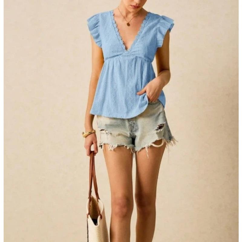 Damskie Nowe Modne Topy Wiosenno-Letnie z Wycięciem V i Falbankami, Krótki Rękaw