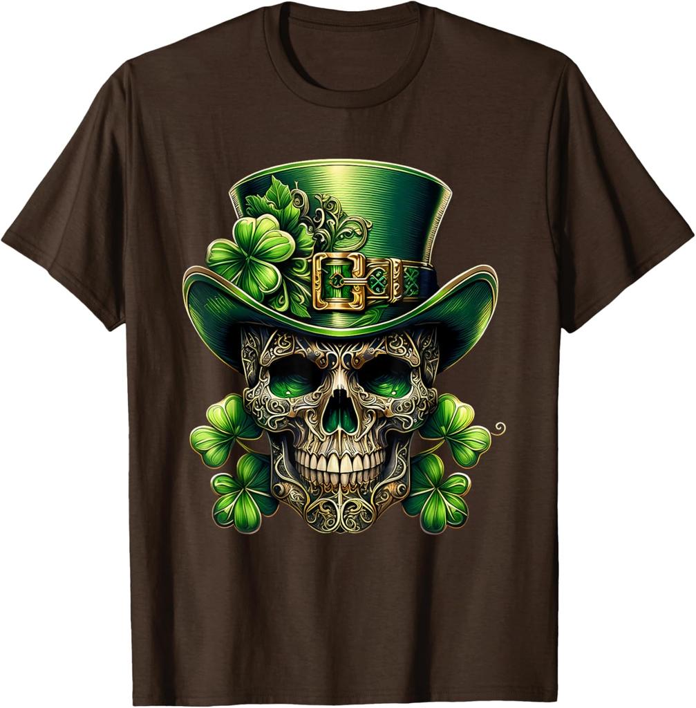 Leprechaun Skull St Patrick Day Shamrock Graphic Print Men's Cotton T-Shirt Daily Wear