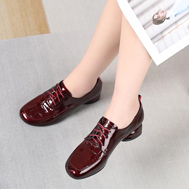 Thick Heel Shoes Women's 2025 Spring New British Style Cowhide Lace Up Women's Shoes With Deep Mouth Genuine Leather Ladies Shoe