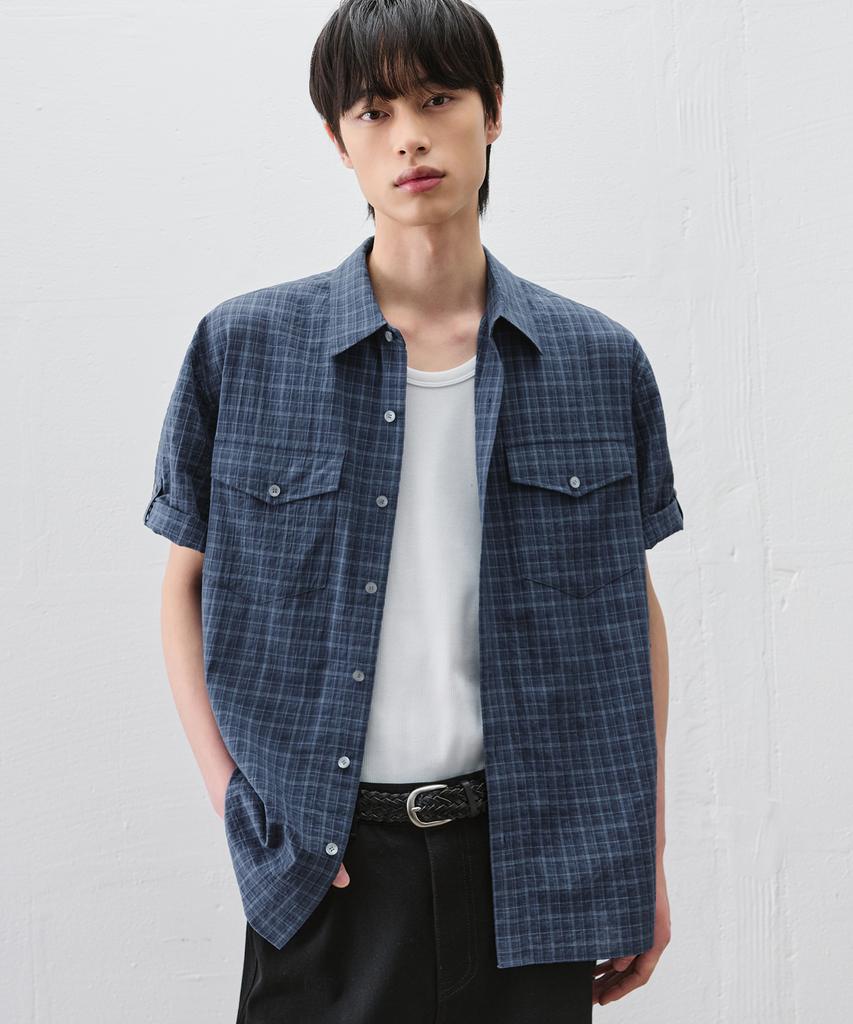 DRAW FIT Seersucker Check Roll-Up Half Shirt [Navy]