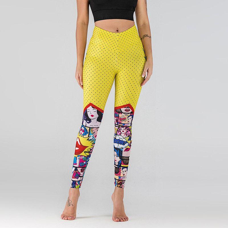 

Polka Dot Printed Fitness Yoga Pants Wave Point Print Fitness Pencil Yoga Pants Yellow XXXL