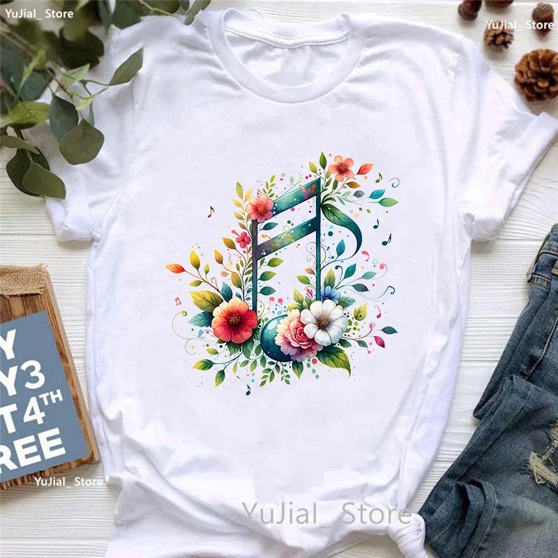 Watercolor Music Note Flowers Print T Shirt Girls Summer Fashion Tshirt Womem Hip Hop Tshirt Femme Harajuku Shirt Streetwear