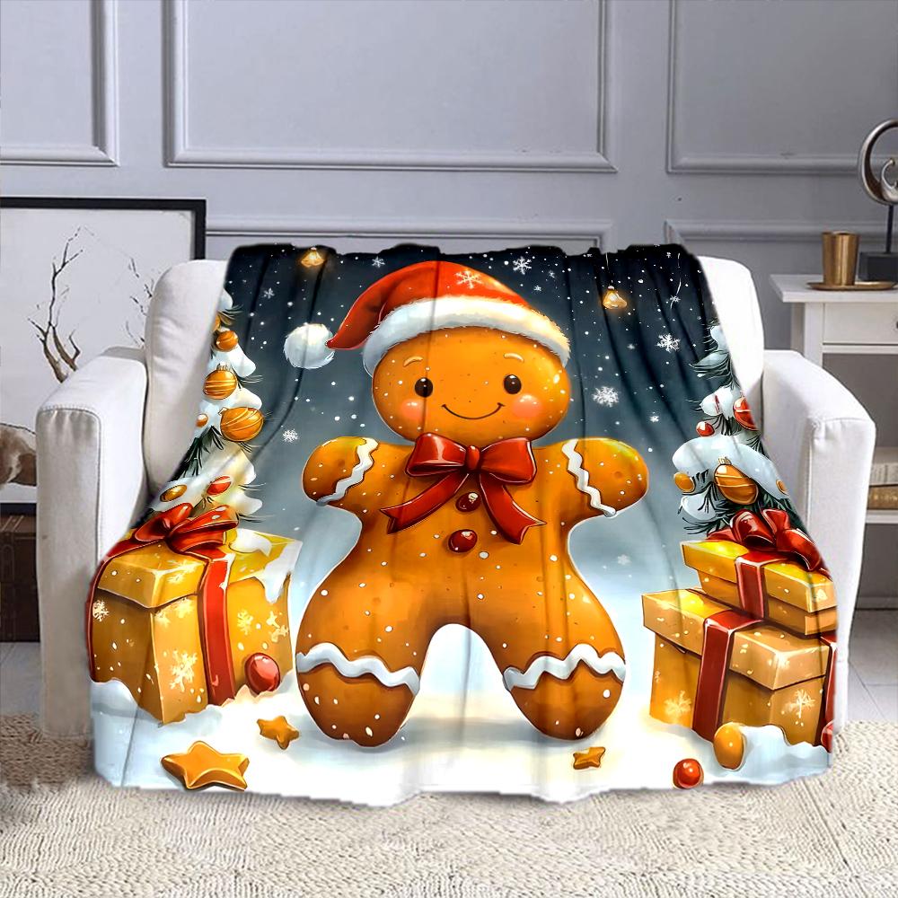 Gingerbread Man with Santa Hat and Gifts Patterned flannel blanket perfect for the bedroom living room, sofa, or a little nap