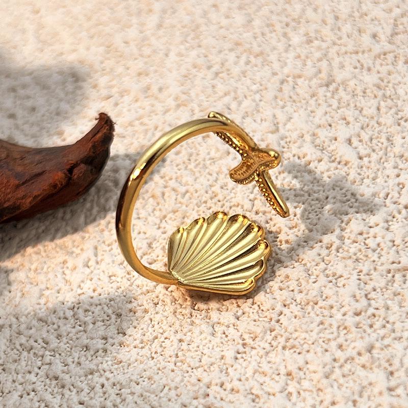 18k Gold Electroplated Stainless Steel Starfish Ring - Ocean Series Jewelry
