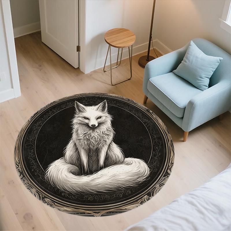 Black and White Fox,Round Area Rug,Carpet Rug for Living Room Bedroom Sofa Playroom Decor,Non-slip Floor Mat