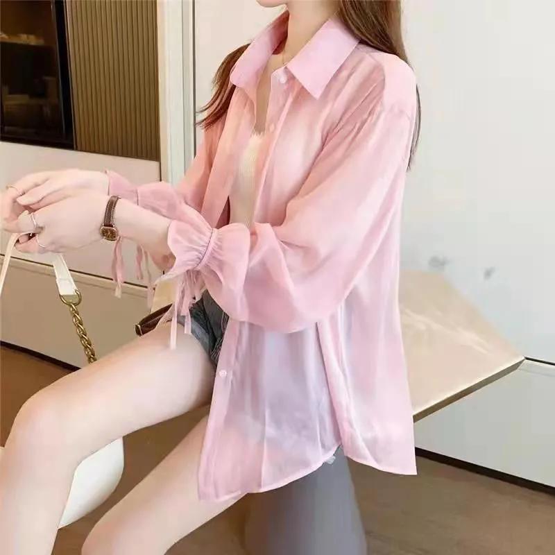 Women Summer Chiffon Thin Shirts Solid Long Sleeve Sun Protection Shirt Korean Ladies Top Sunscreen Clothing