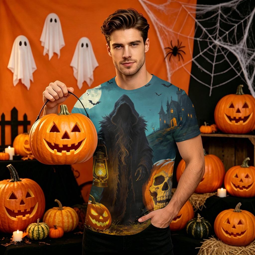 Men's Halloween Printed Short Sleeve Neck T-Shirt for Party Costume