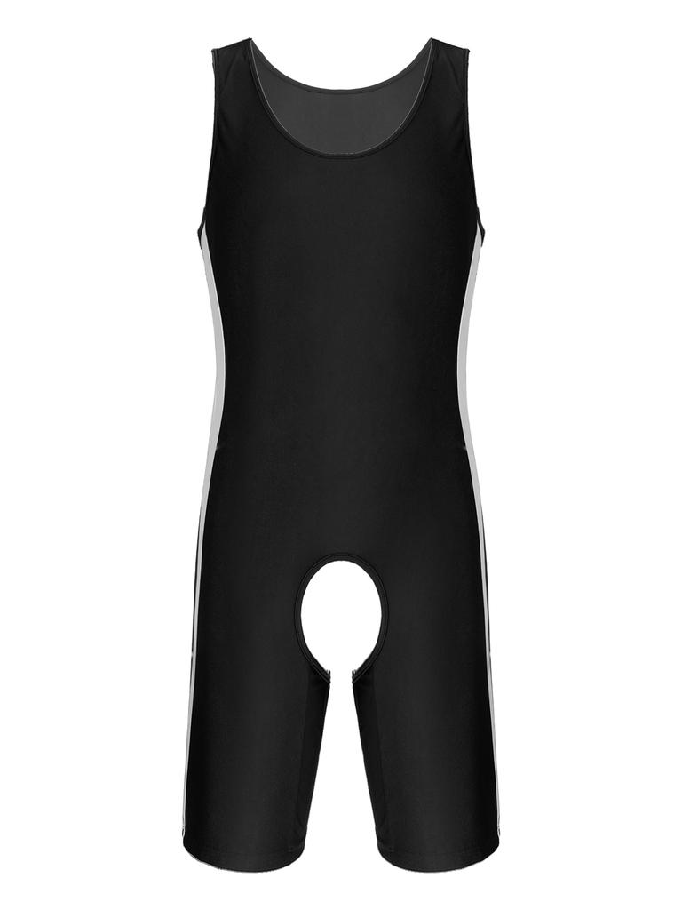 Mens One Piece Bodysuit Open Crotch Design U Neck Sleeveless Jumpsuit Color Block Nightwear Loungewear