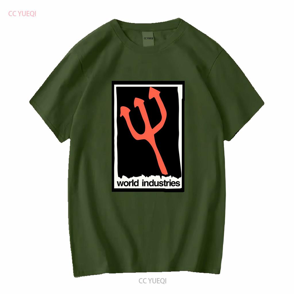 World Industries Skateboarding Pitchfork Logo Olive Green T Shirt Size Medium long or short sleeves vintage Washed Casual