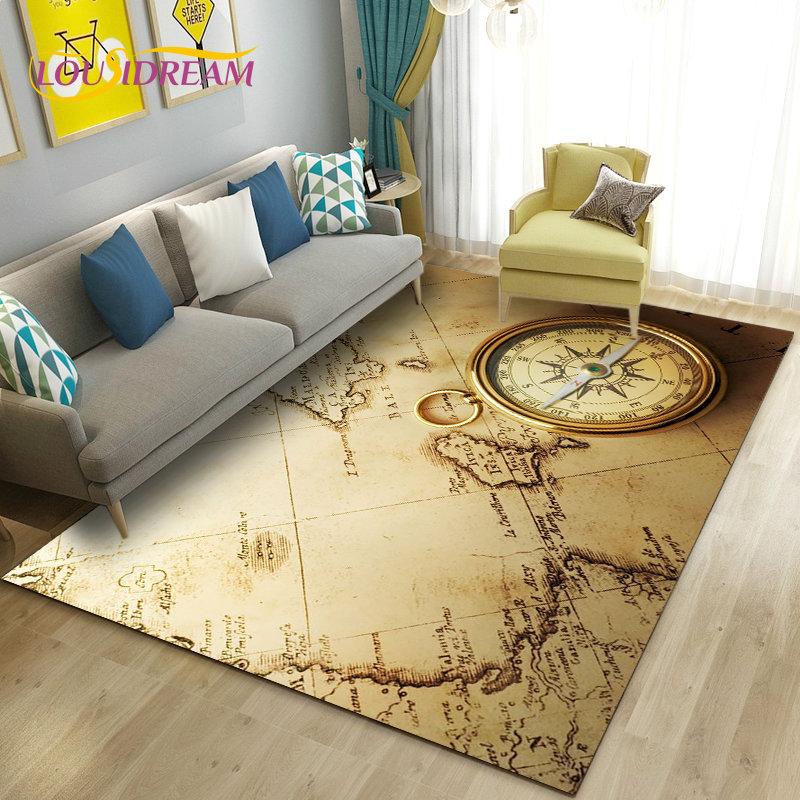 Alfombra retro con diseño de mapa del mundo vintage y brújula, para sala de estar, dormitorio, sofá, decoración, alfombra antideslizante para el suelo