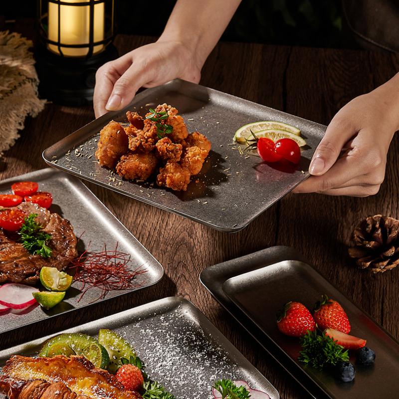 Vintage 304 Stainless Steel Snowflake Silver Square Tray Round Edge Dinner Plate Dessert Grill Tray Steak Plate Decorative Tray
