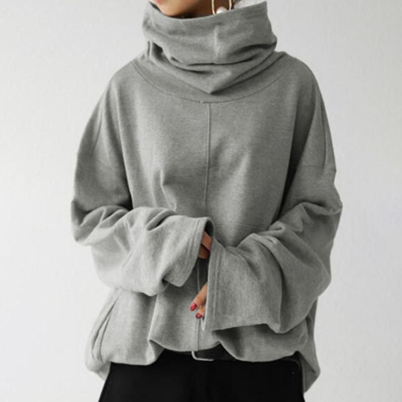 Herbst und Winter Damen Loose Casual Langarm Stehkragen Pullover Einfarbig Taschen Sweatshirt