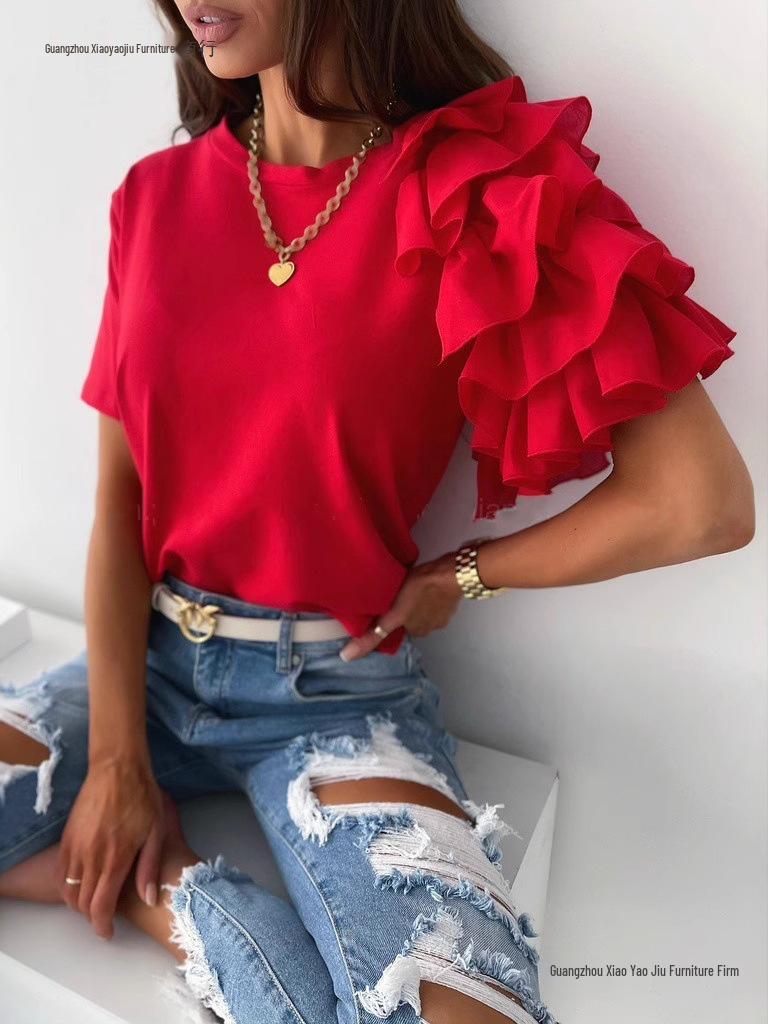 2026 Summer Fashion Women's Ruffle Short Sleeve Round Neck T-shirt, European and American Style