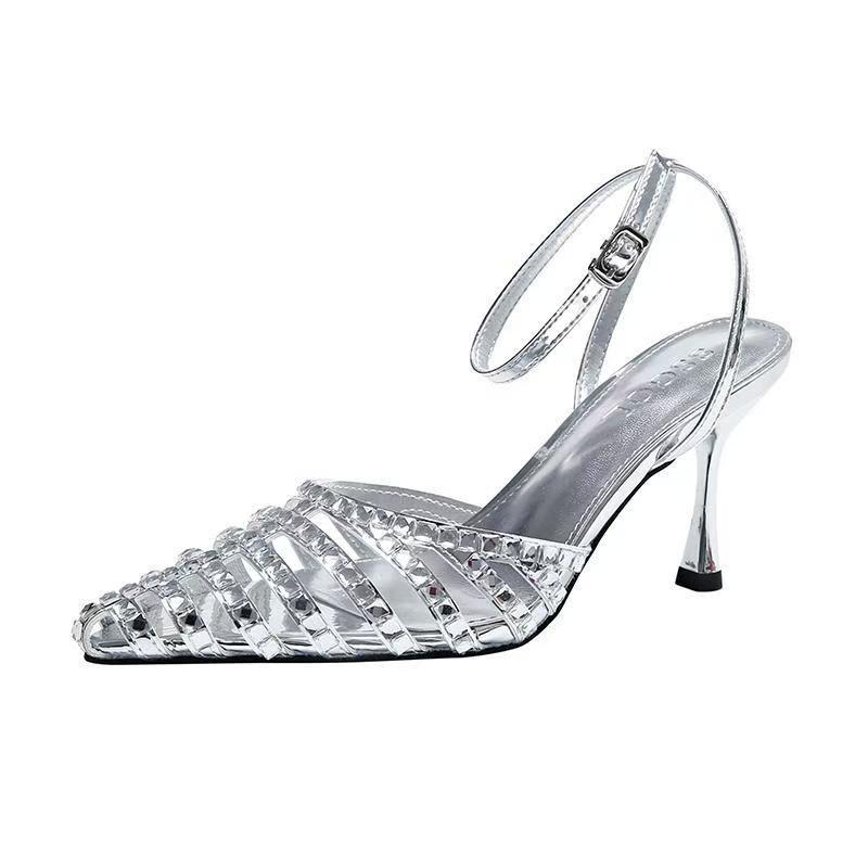 Fashion 2025 Closed Toe Women's Sandals Rome Party Sandals Women Crystal Ankle Buckle Strap Thin High Heels Shoes Female