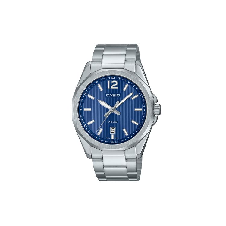 Casio 50M Water Resistant Quartz Movement Leather Strap Watch Men watches Blue MTPE725D2A Blue Dial