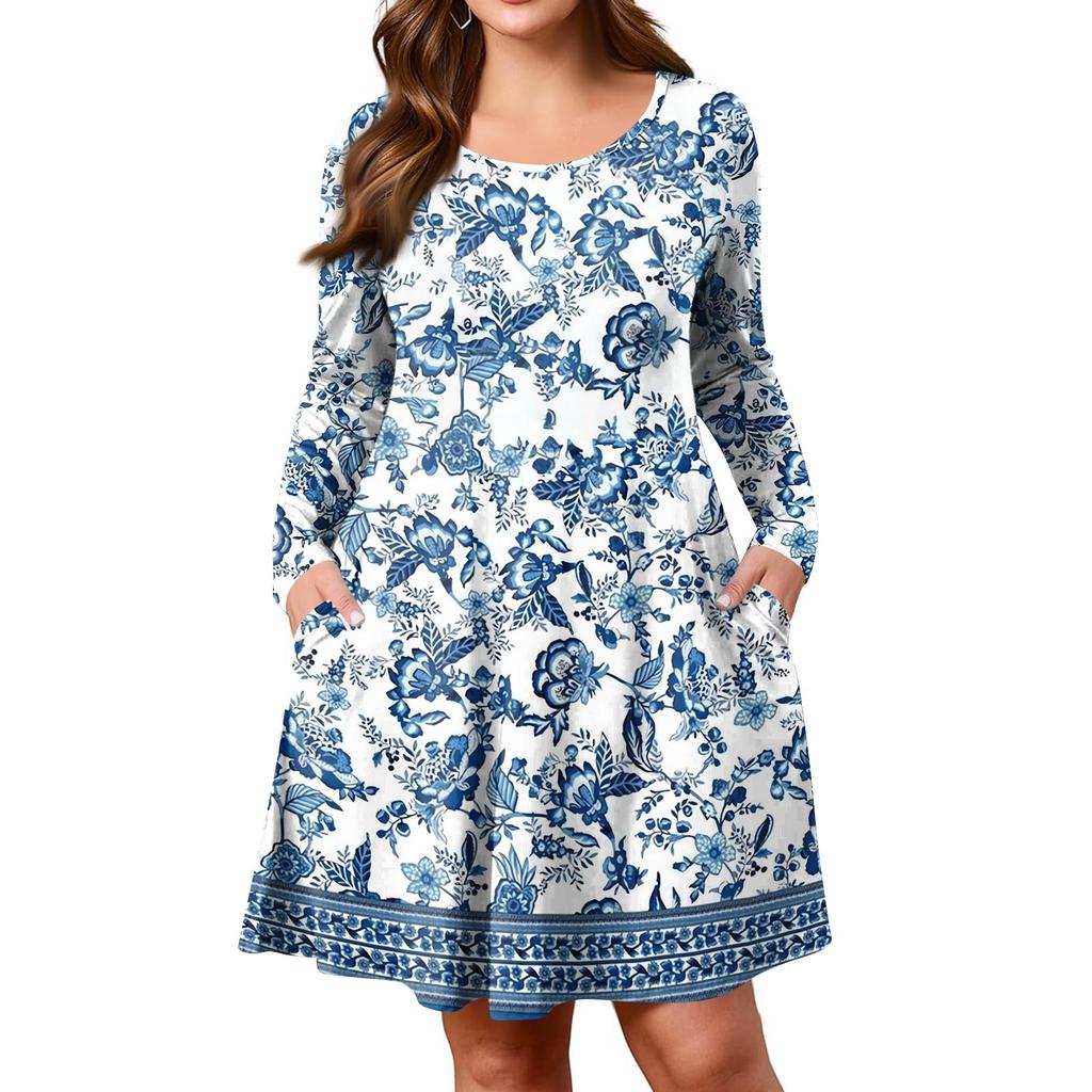 Plus Size Dame Gradienttrykk Casual Vår/Høst Lomme Rund Hals Langermet Kjole