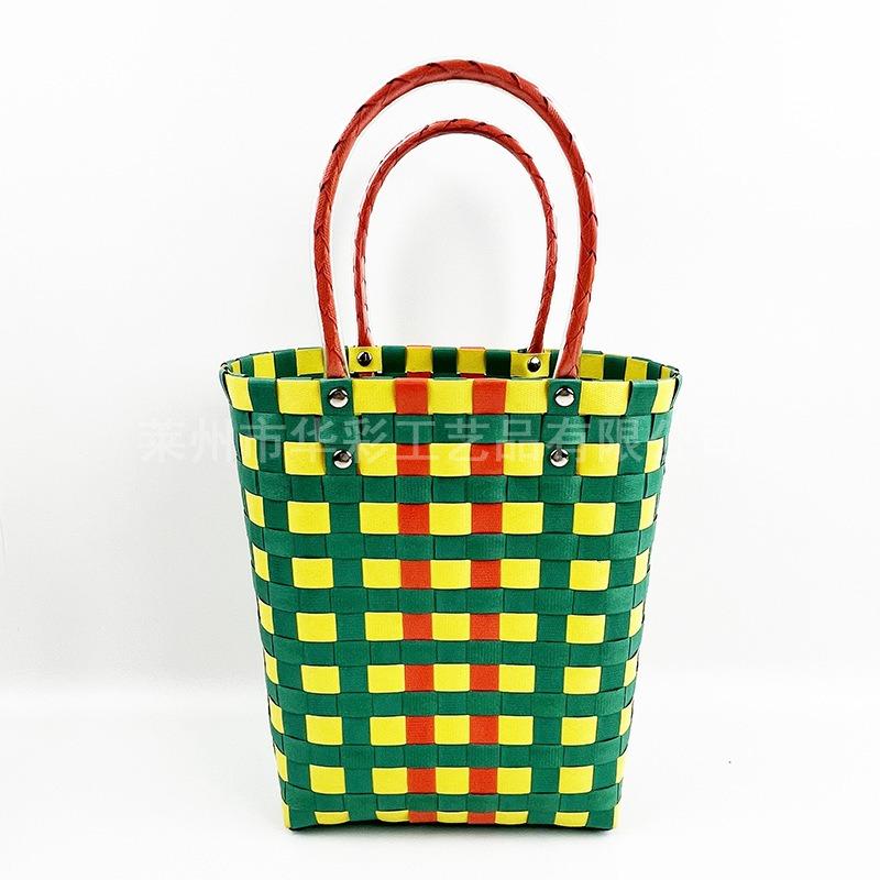 Bucket bag hand-woven contrasting color vegetable basket creative hand basket photo vacation leisure women's bag