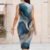 Women Plus Size Round Neck Sleeveless Bright Blue Printed Bodycon Midi Dress
