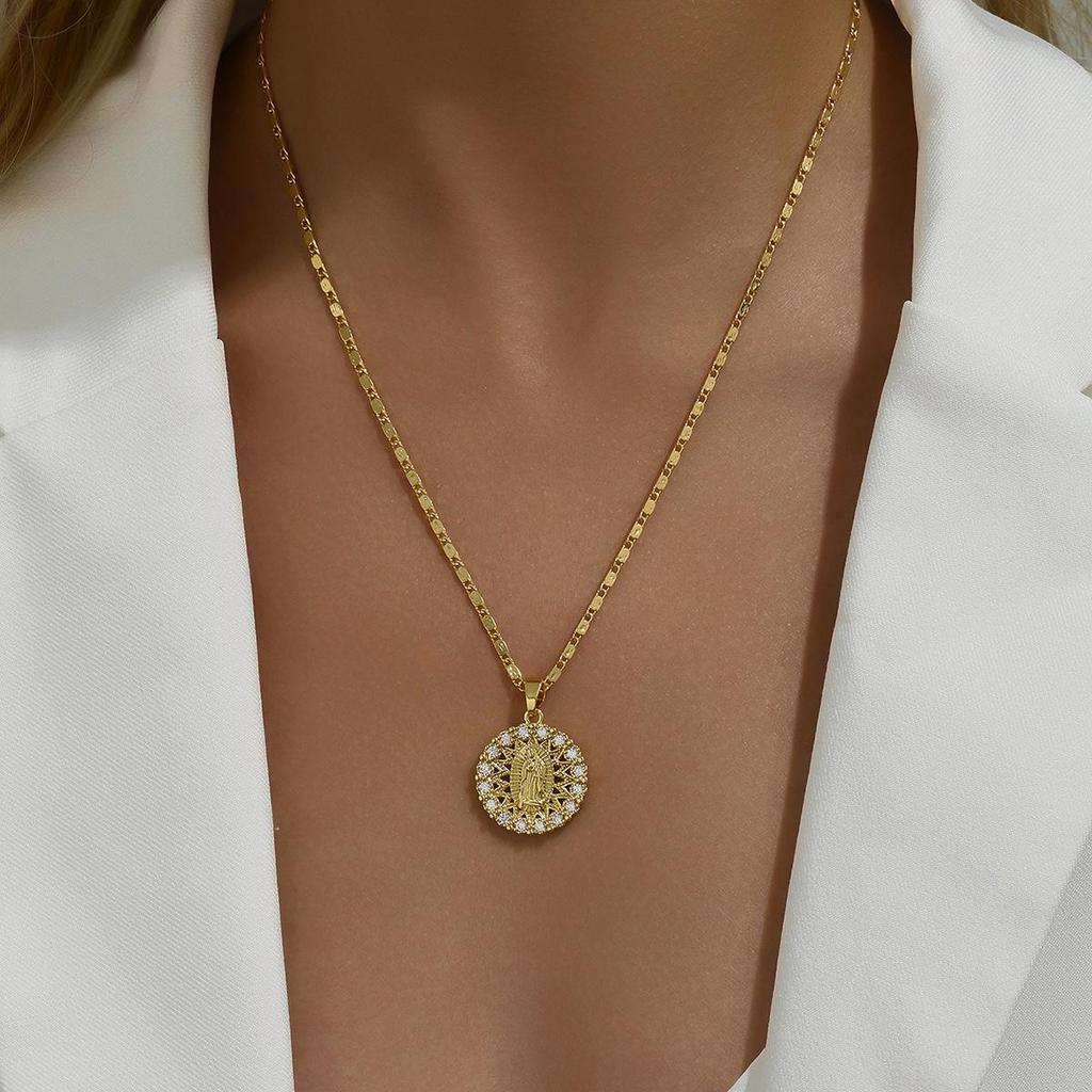Virgin Mary Copper Zircon Pendant Necklace: European & American Diamond-set Hollow Design, Light Luxury
