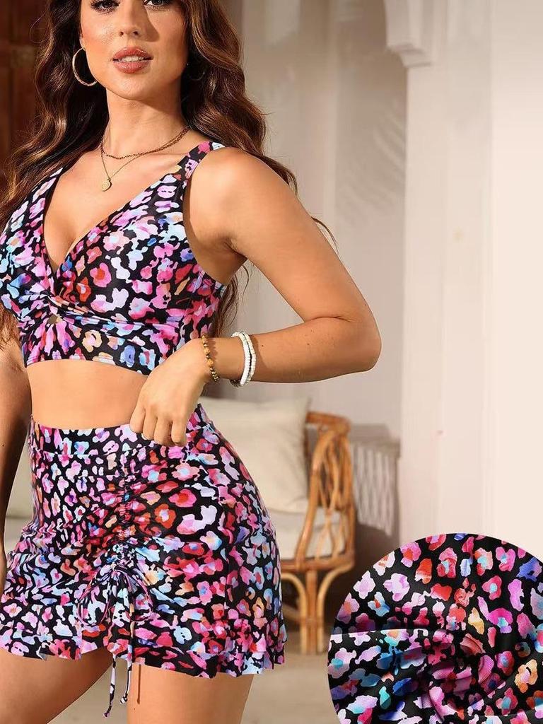 2026 European Multi-Color Drawstring Bikini Skirt Swimsuit for Women