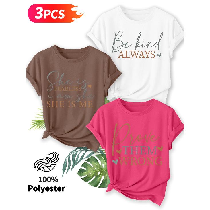 Three-piece set Elegant short-sleeved shirt for women Women s Strength, Gentle Inspirational Handwritten English Print Round Neck Short Sleeve S
