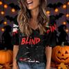 Women's Casual V-Neck Short Sleeve Blouse with Halloween Print