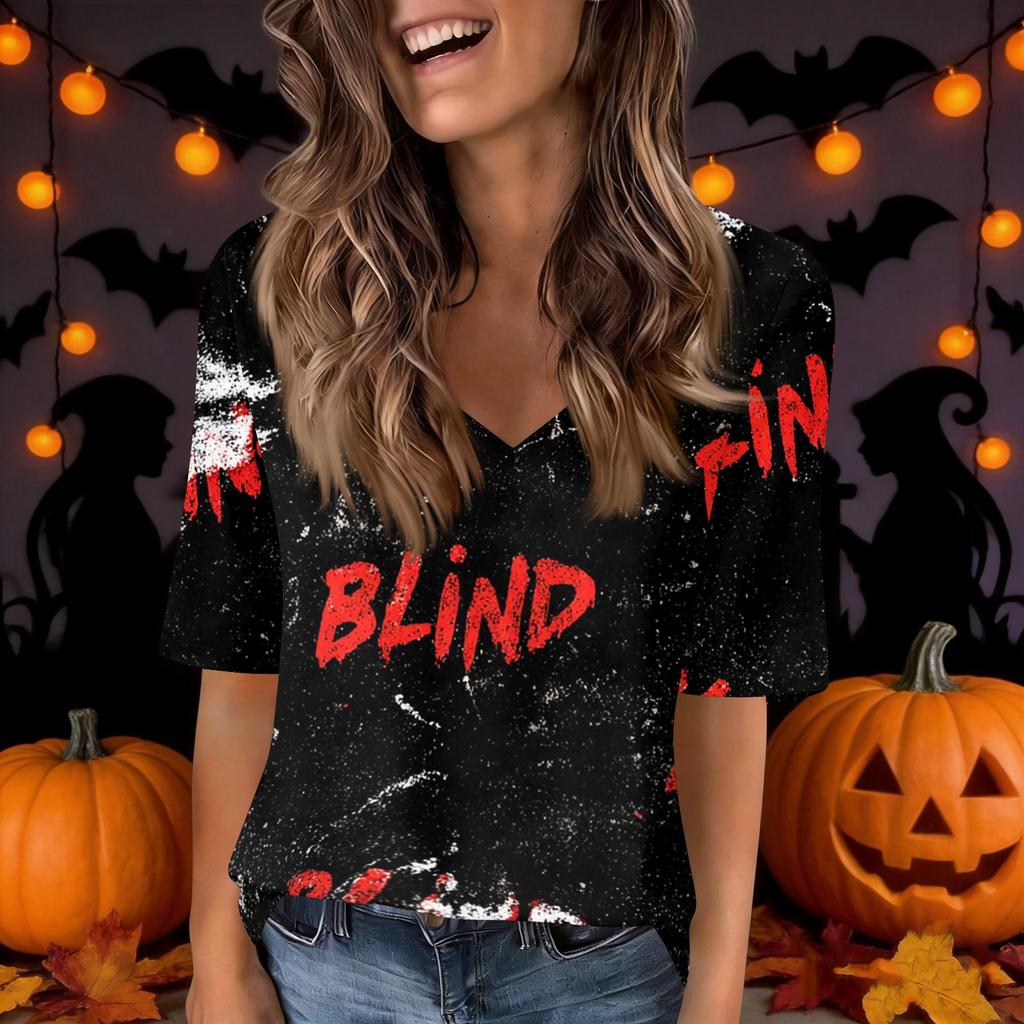 Women's Casual V-Neck Short Sleeve Blouse with Halloween Print