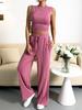 Women's Olive Green Sleeveless High Neck Crop Top with Wide Leg Pants Two-Piece Set
