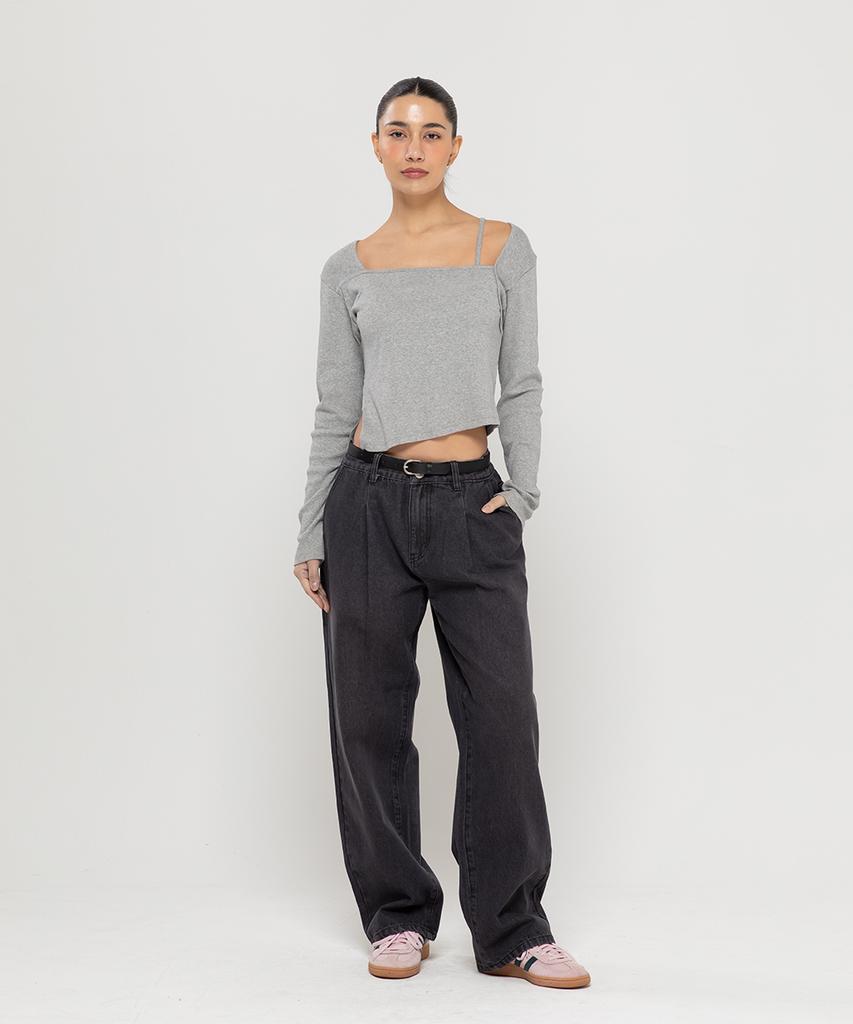CHAMBROS Non-Faded Wide Denim Pants [Washed Black]