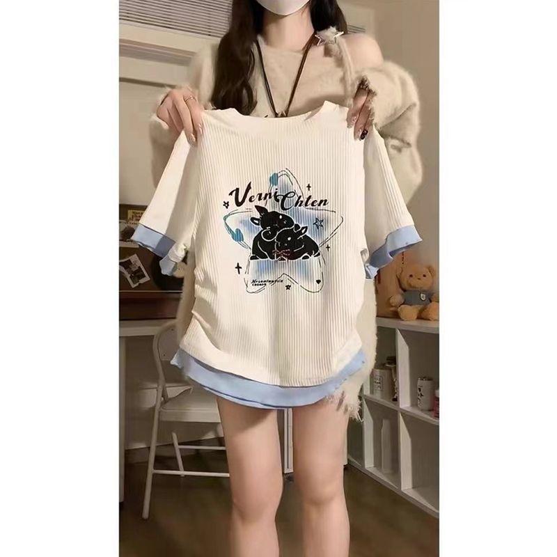 Mädchen Niedliche T-Shirts Kurzer Stil Y2K Tees Sweat Rundhals Lässige T-Shirts Für Frauen