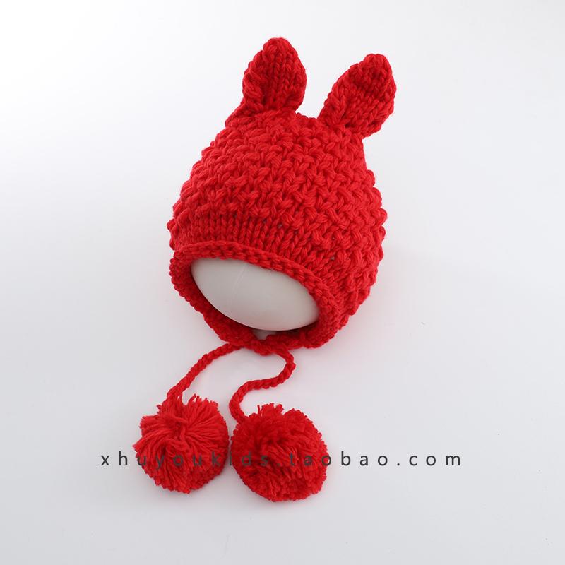 

Baby hat autumn and winter lace-up hairball children s handmade knitted wool hat girls boys winter warm ear protection child 47~ 52cm/recommended for 1~ 6 years old червоний