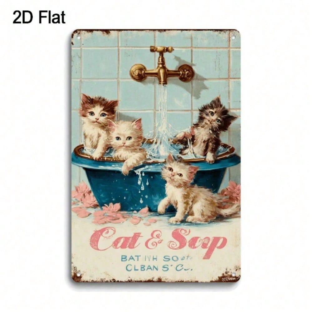 Vintage Retro Metal Tin Sign 8x12 Cute Kittens In Bathtub Funny Cat Bathroom Wall Art Durable 2D Flat Iron Home Decor