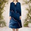 Women Plus Size Round Neck Long Sleeve Cardigan Printed Navy Blue Two Piece Dress Set