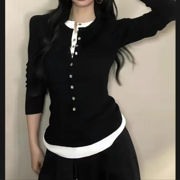 Spring and Autumn Slimming Bottom Shirt Top Korean Fake Two Piece Color Contrasting Long Sleeve T-shirt for Women
