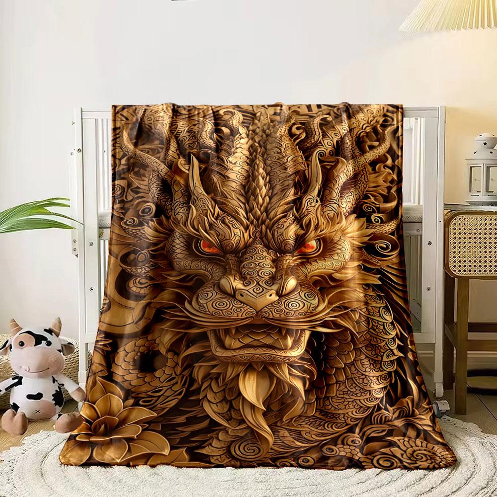 Intricate golden dragon with swirling patterns and glowing eyes. for all seasons blanket lunch break throw gift 80cm x 120cm