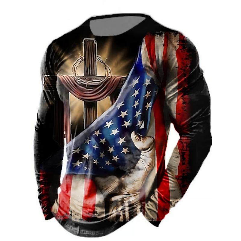 Men's Tshirt Tee Distressed Graphic Prints American Flag National Flag Crew Neck Outdoor Street Long Sleeve Print Clothing