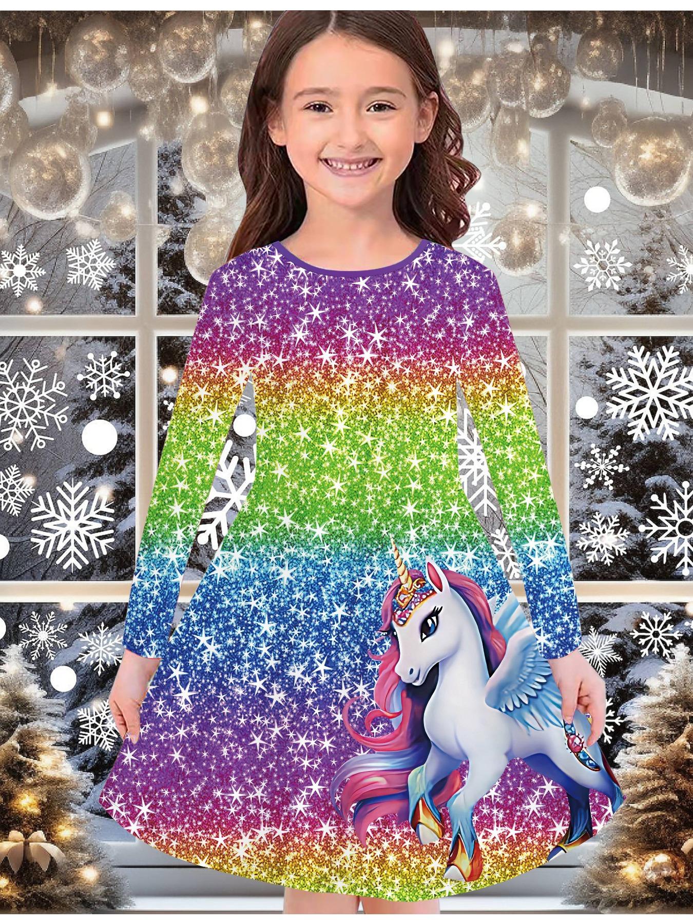 

Модное осенне-зимнее платье для девочек, с 3D принтом единорога, с круглым вырезом, длинное, детское платье-футболка, повседневное, универсальное, рождественская одежда 170 фиолетовый