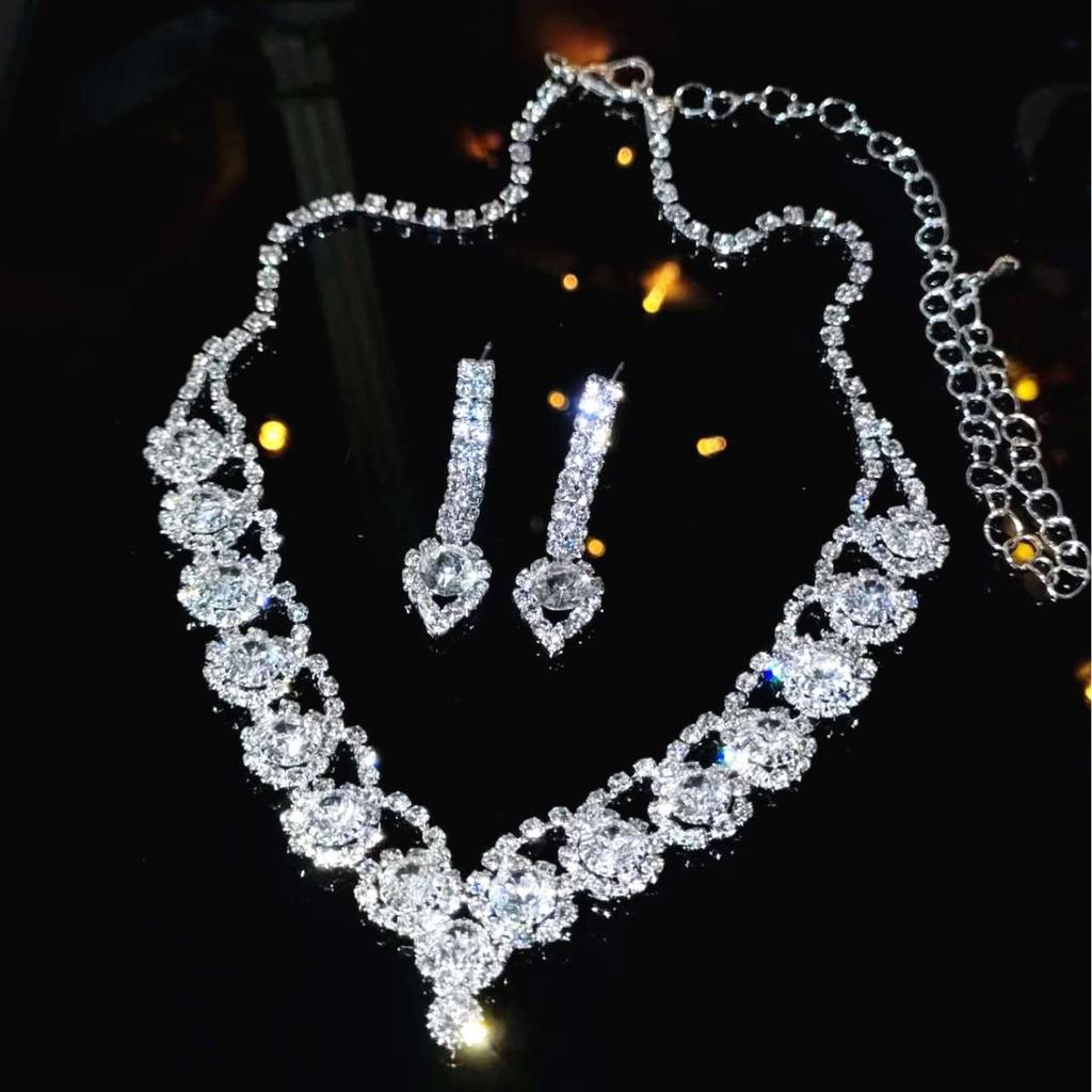 Luxury Bridal Zircon Flower Necklace & Earrings Set - Elegant Wedding Jewelry Accessories 