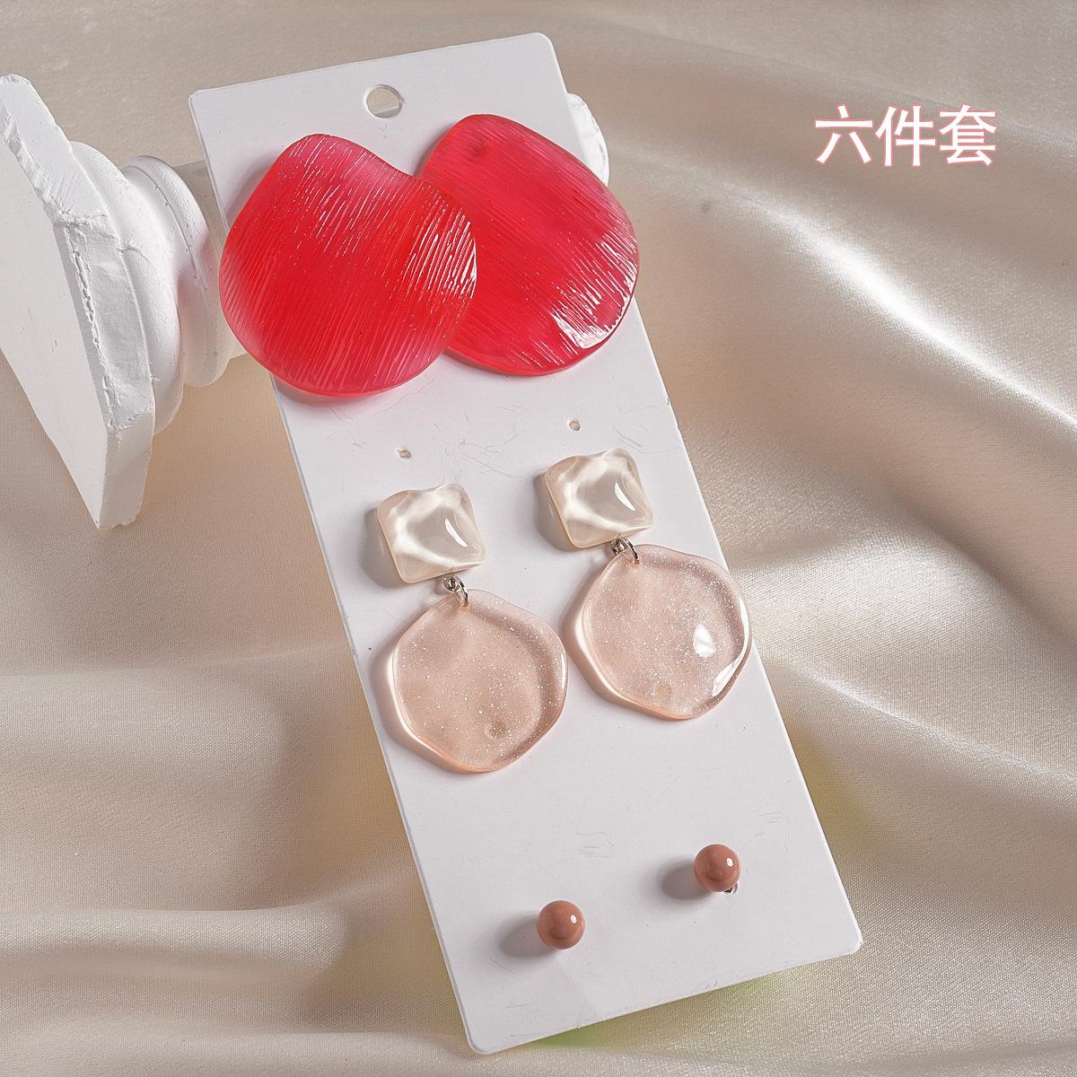 Six-piece Resin Irregular Geometric Round Textured Silver Needle Earrings Seaside Holiday Earrings