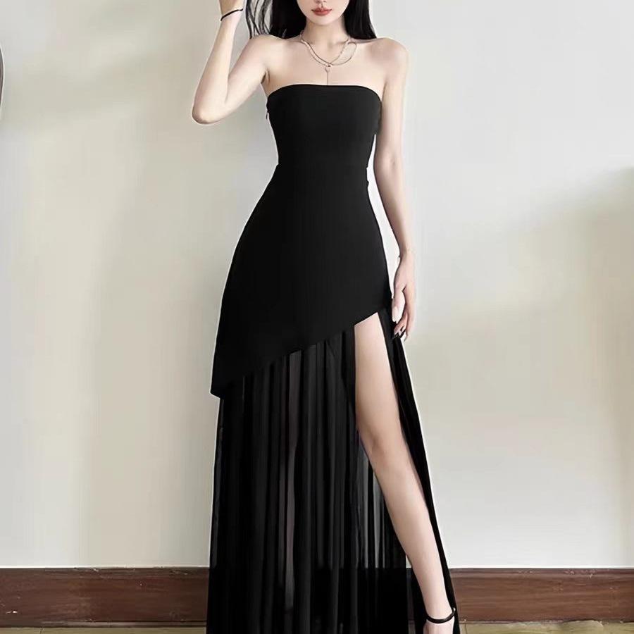 instunning European and American style temperament senior royal sister long dress banquet dress tube top mesh splicing pendulum dress