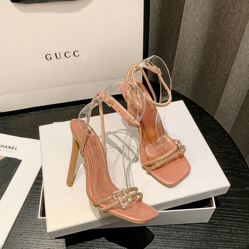 

2026 partyLarge Size High Heels Summer New Rhinestones One-Line Buckle Slim Heels With Skirt Sandals Women 35
