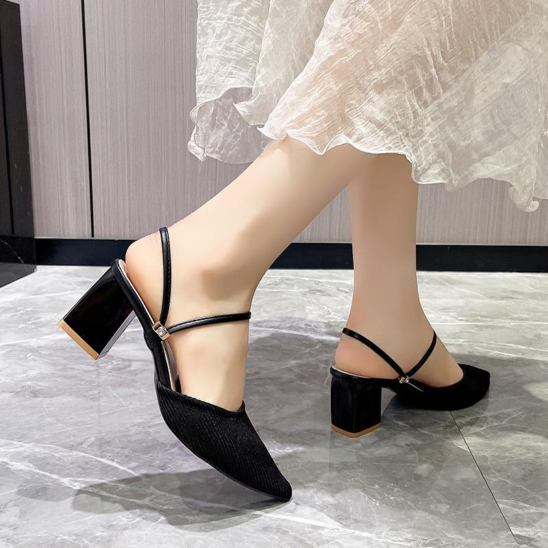 Pointed thick heel solid color fashion single shoes women's new two wear cool slippers women's fashion high heel sandals